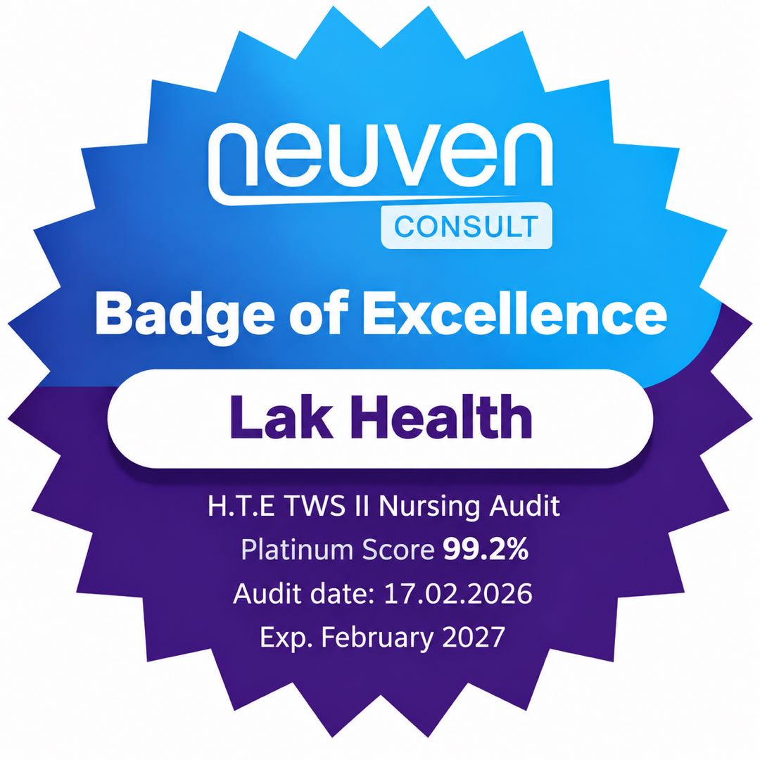 Lak Health H.T.E TWS II Nursing Audit Platinum badge, score 99.2%, audited 17 February 2026, valid through February 2027