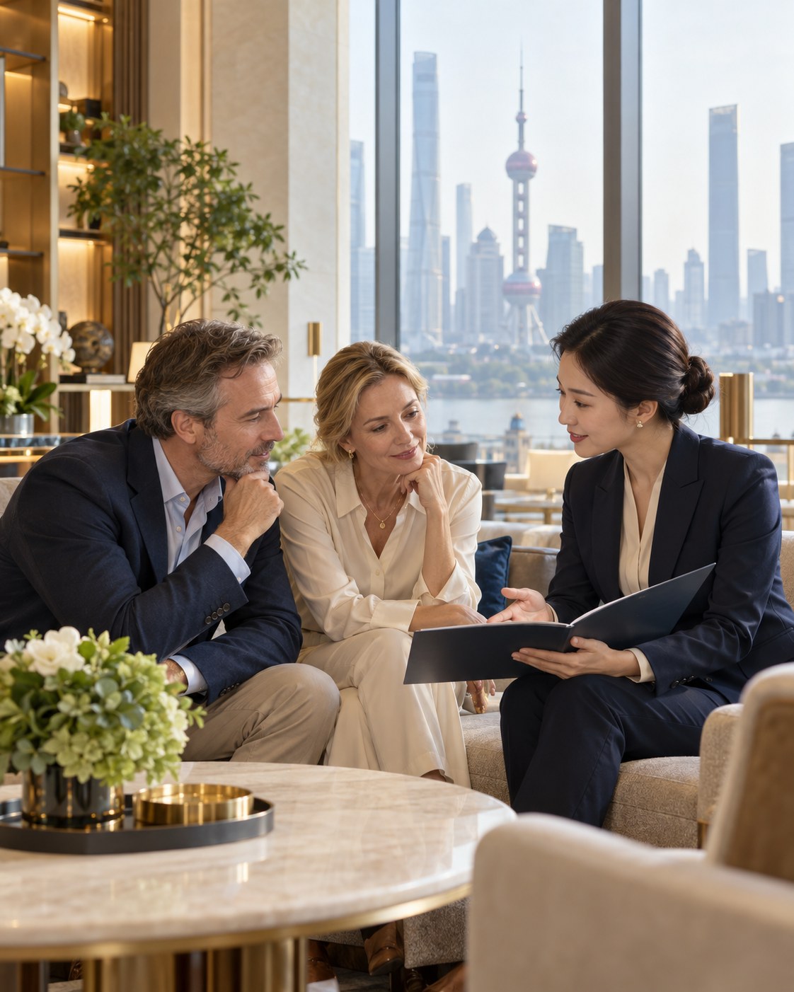 Illustrative concierge assisting an international visitor in a calm consultation lounge